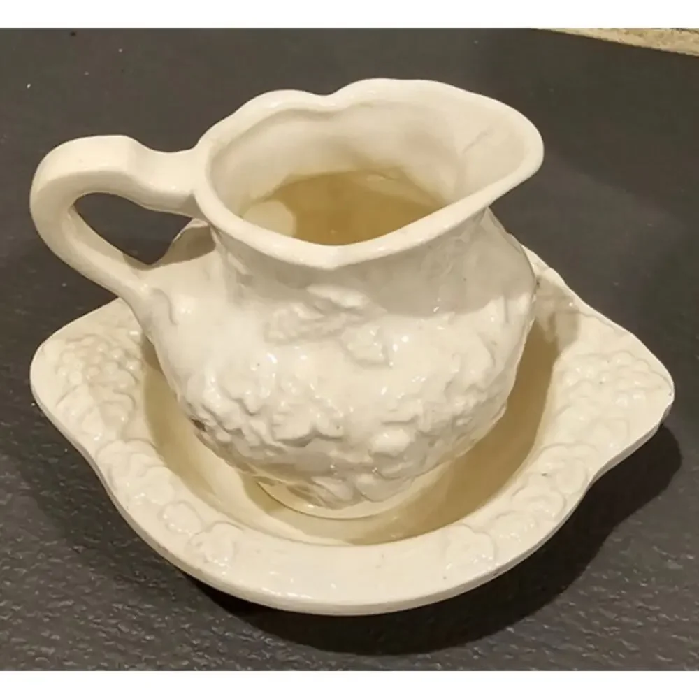 Lefton Japan Ceramic Cherub Cupid White Mini Bowl Pitcher Creamer Set 5” Vintage